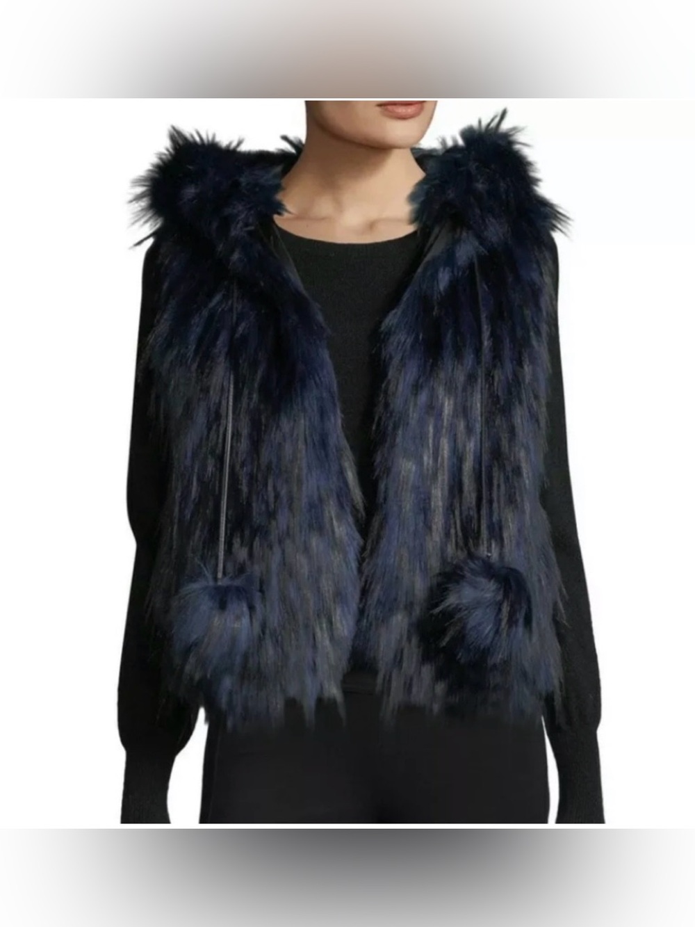 Ramy‎ Brooks Blue Faux Fur Hollie Vest Size Small Hooded Poms Boho Snow Winter